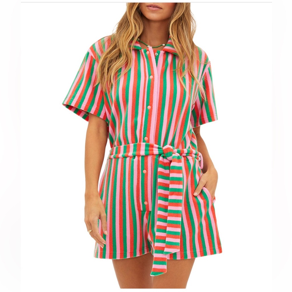 Beach Riot Gia Belted Terry Romper in the Palm Beach Stripe colorway